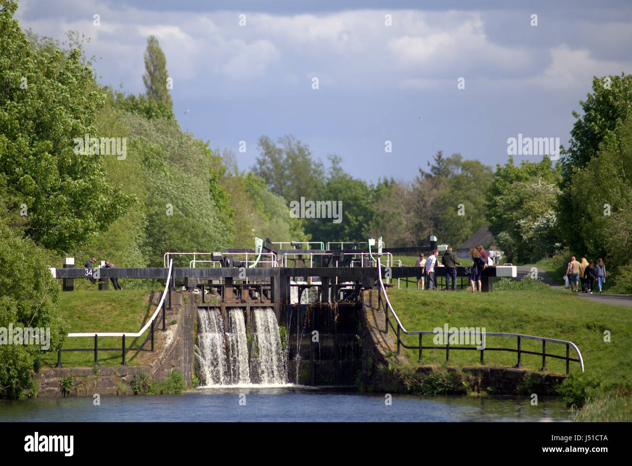 Forth and Clyde canal tow path lock 35 children playing Stock Photo
