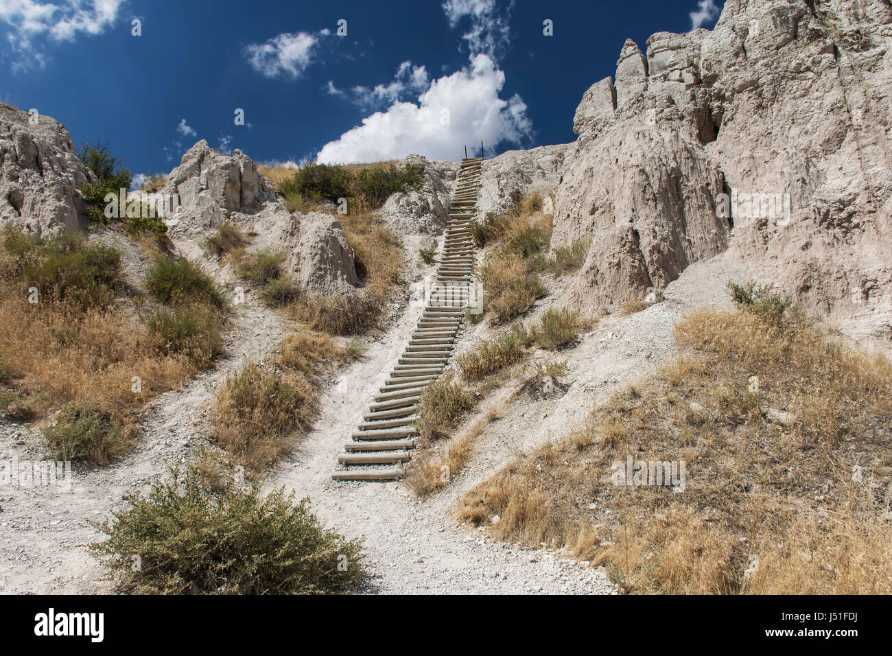 The Notch Trail showing a ladder in Badlands National Park, South Dakota, USA. Stock Photo