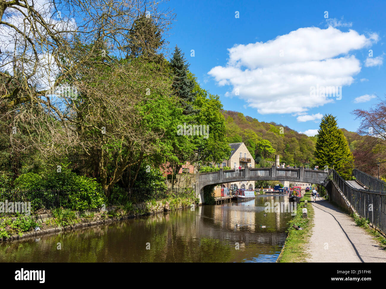 Towpath alongside the Rochdale Canal, Hebden Bridge, West Yorkshire, England, UK. Stock Photo