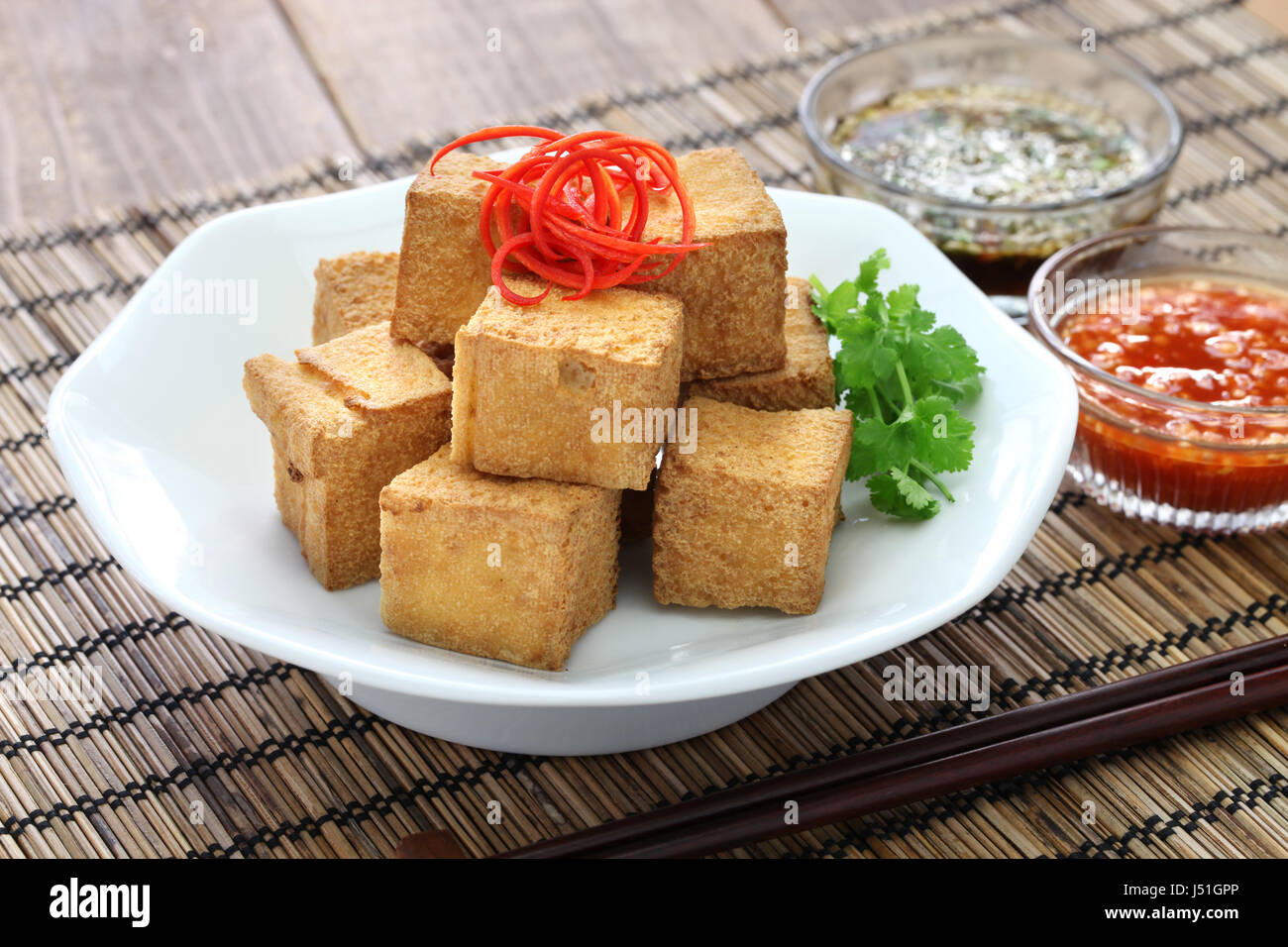 fried tofu with dipping sauce Stock Photo Alamy