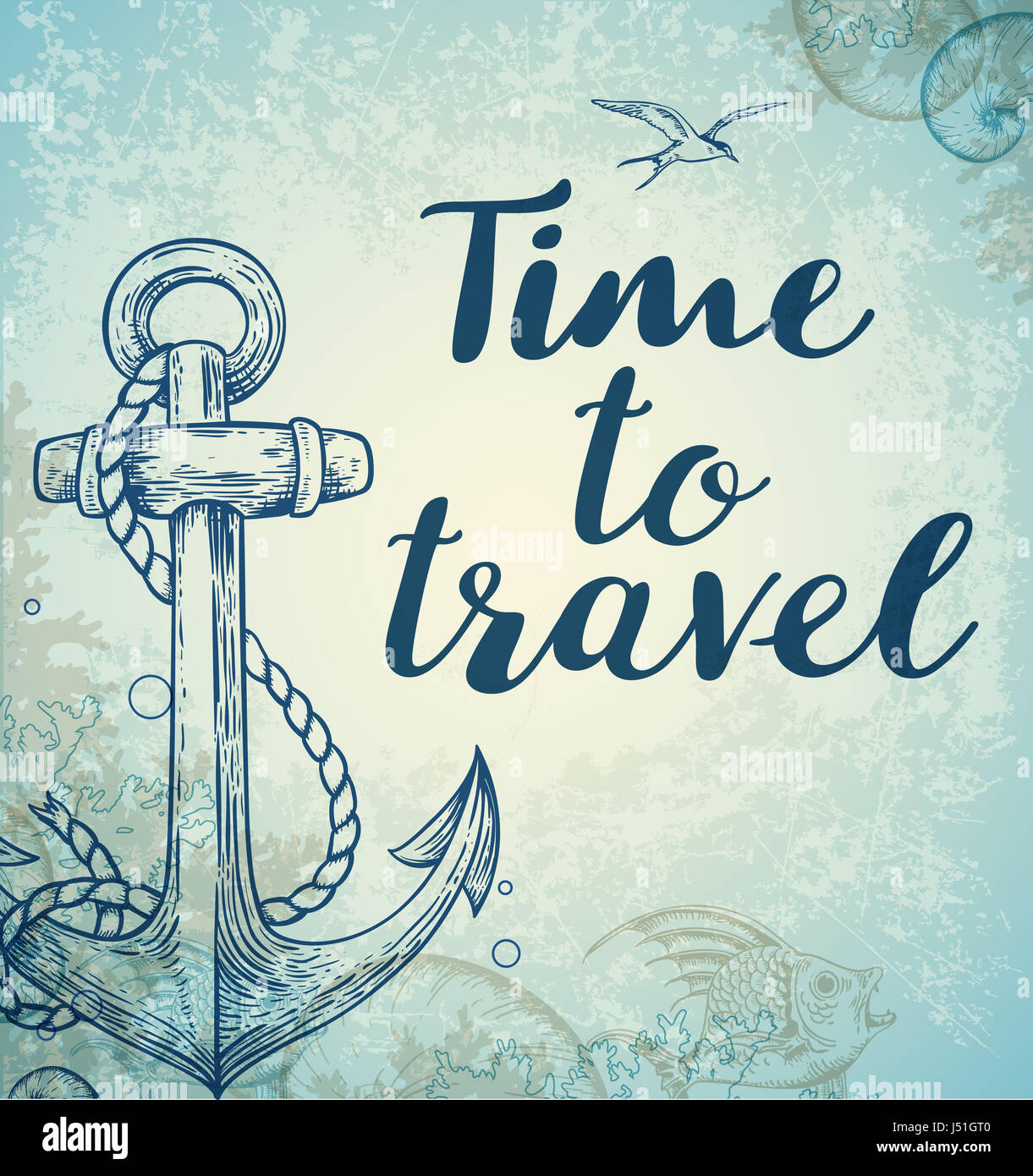 Vintage travel background with anchor and fish. Hand drawn  illustration. Time to travel lettering. Stock Photo