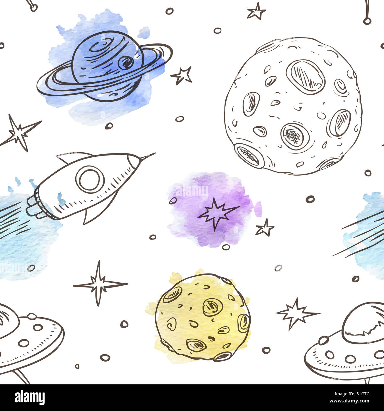Hand drawn seamless pattern with space doodles on a white background ...