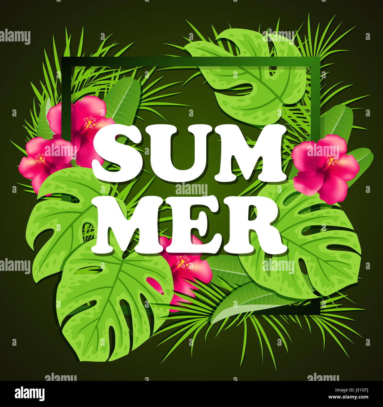 Summer background with red tropical flowers and green palm leaves in ...