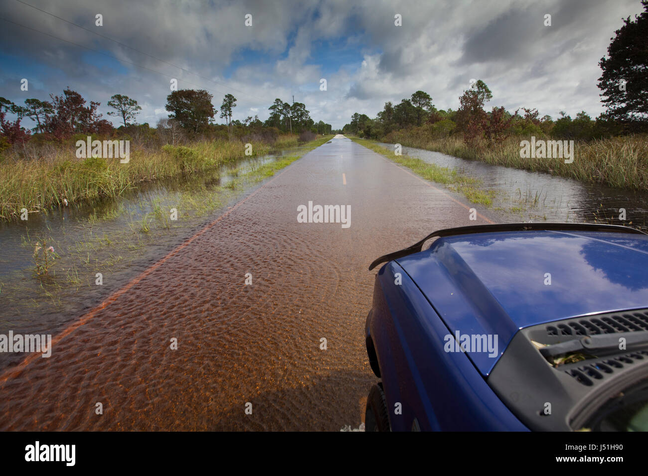 County Road 347 flooded after Hurricane Hermine in Cedar Key Florida Stock Photo