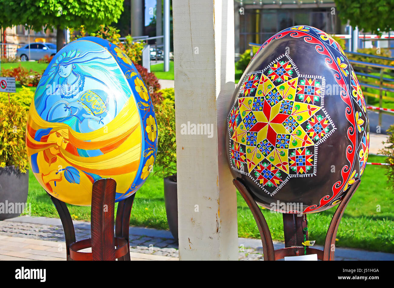 KYIV, UKRAINE MAY 01, 2017 Painted eggs. Street festival of large