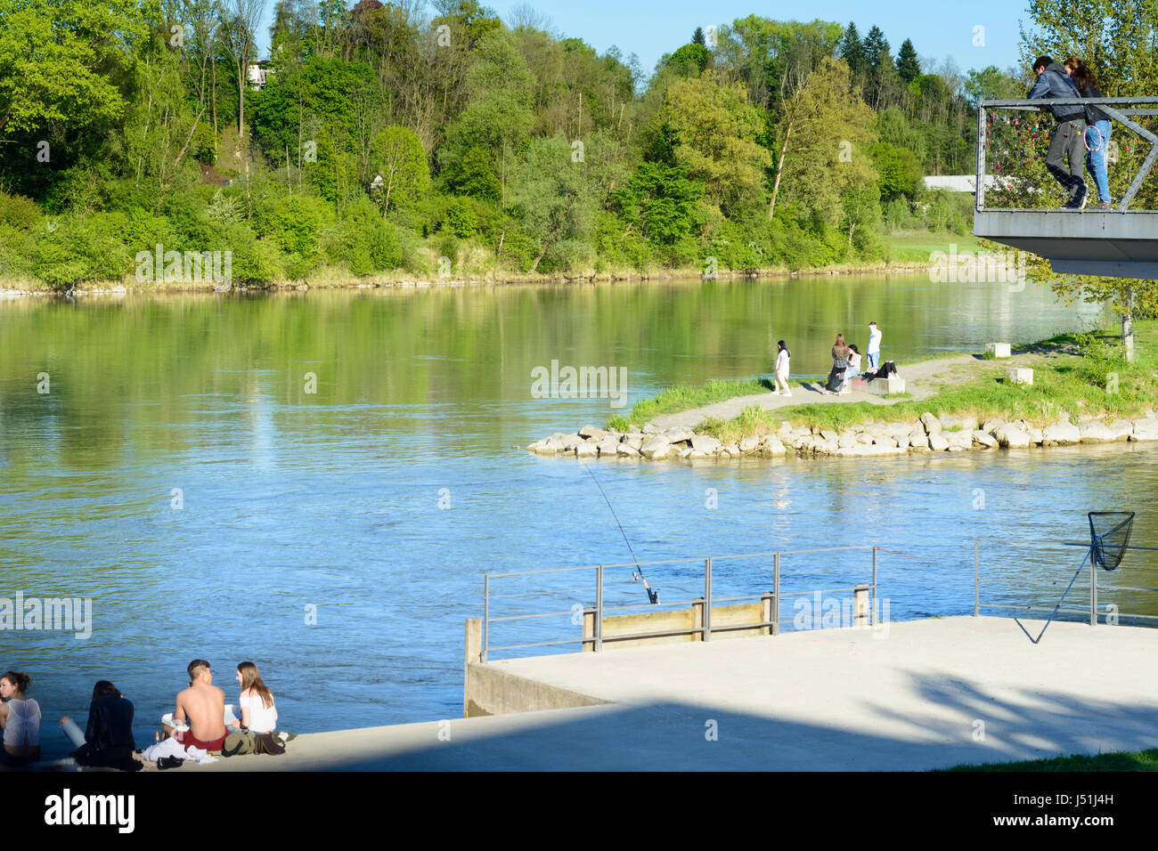 park Mangfallpark, confluence of river Inn and Mangfall, people sunbathing, Rosenheim, Oberbayern, Upper Bavaria, Bayern, Bavaria, Germany Stock Photo