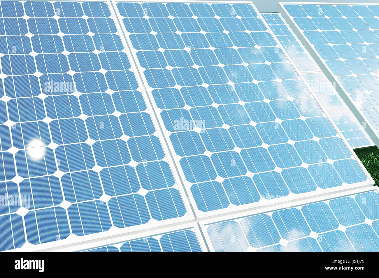 3D illustration solar panels with reflection the sunny sky. Background of photovoltaic modules for renewable energy. Stock Photo