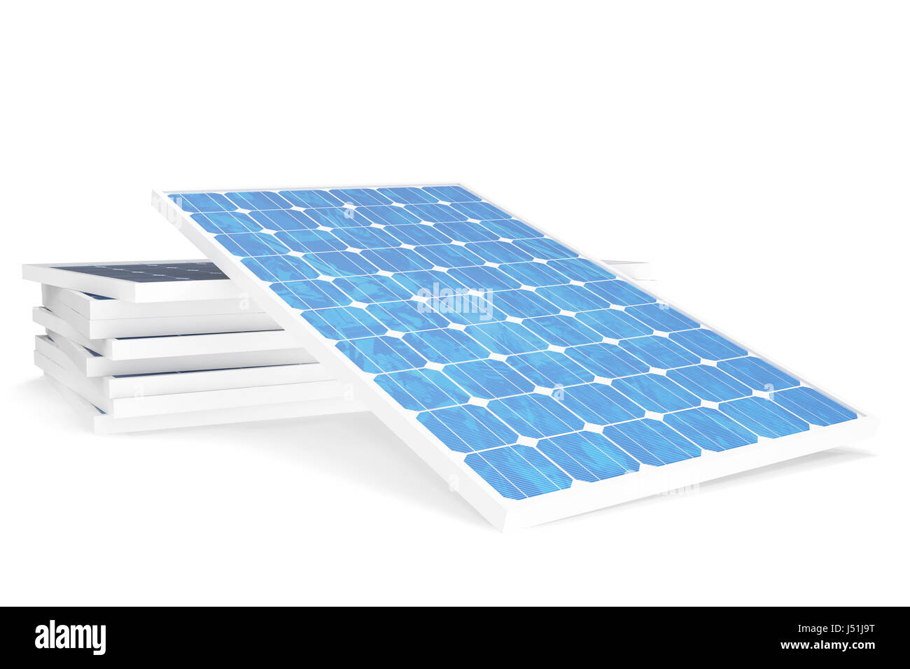 3D illustration solar power generation technology. Blue solar panels. Concept alternative electricity source. Eco energy, clean Energy isolated on white background. Stock Photo