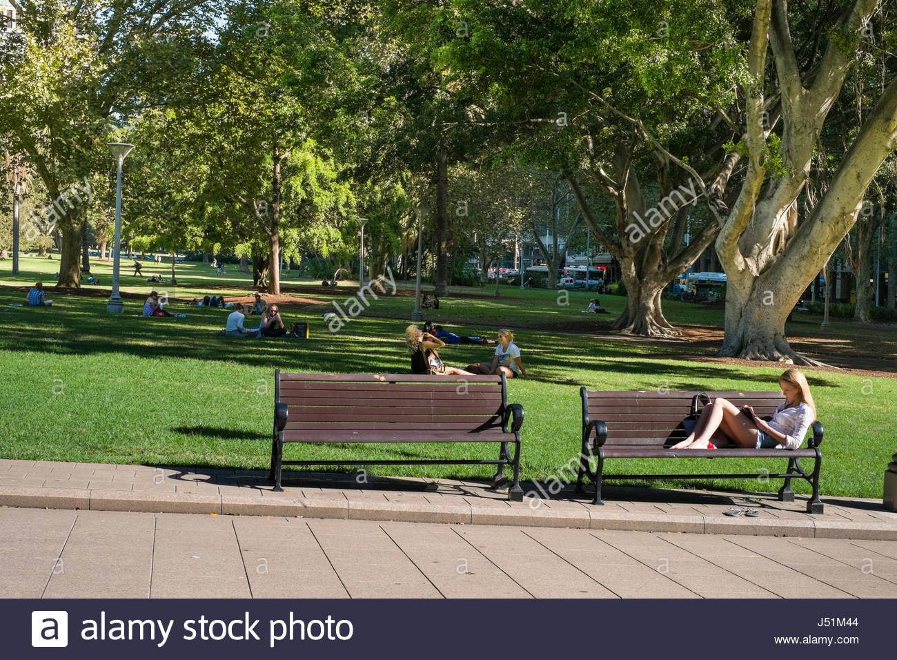 Young Caucasians Woman With Blond Hair Sitting On Park Bench