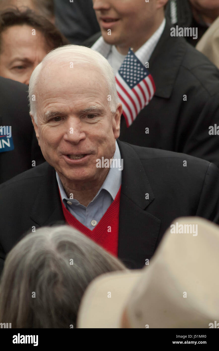 KEENE, NH/US - JANUARY 7, 2008: US Senator John McCain speaks with supporters at an outdoor rally on the final day before the 2008 NH primary. Stock Photo