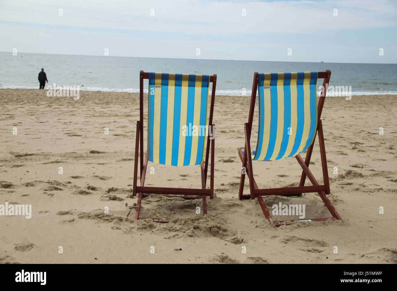 Bournemouth, UK 13 May Deck chairs on the sandy Bournemouth beach