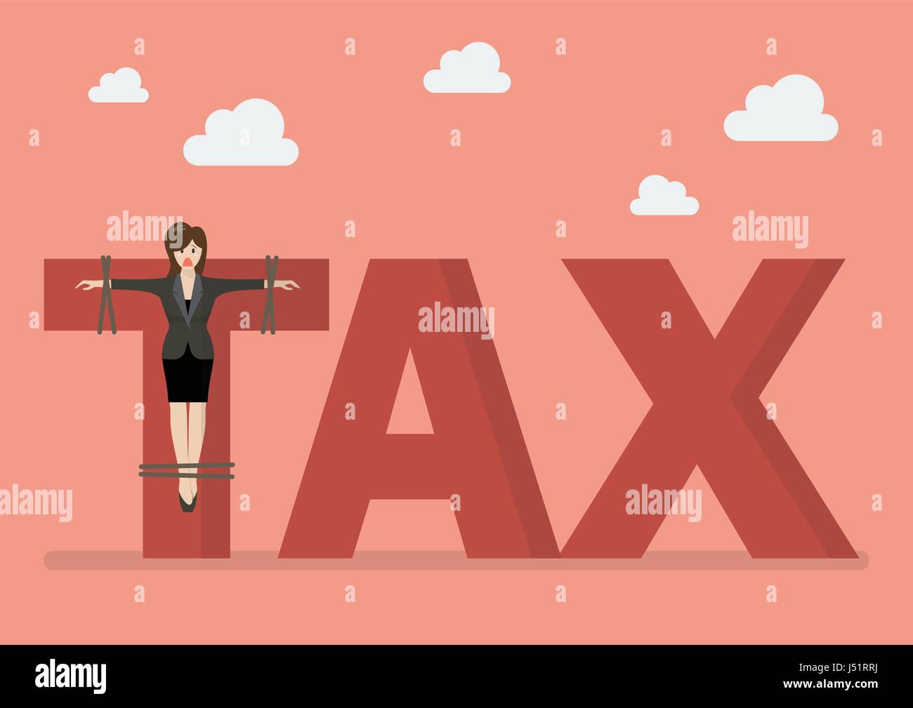 Business woman crucified on tax word. Business concept Stock Vector