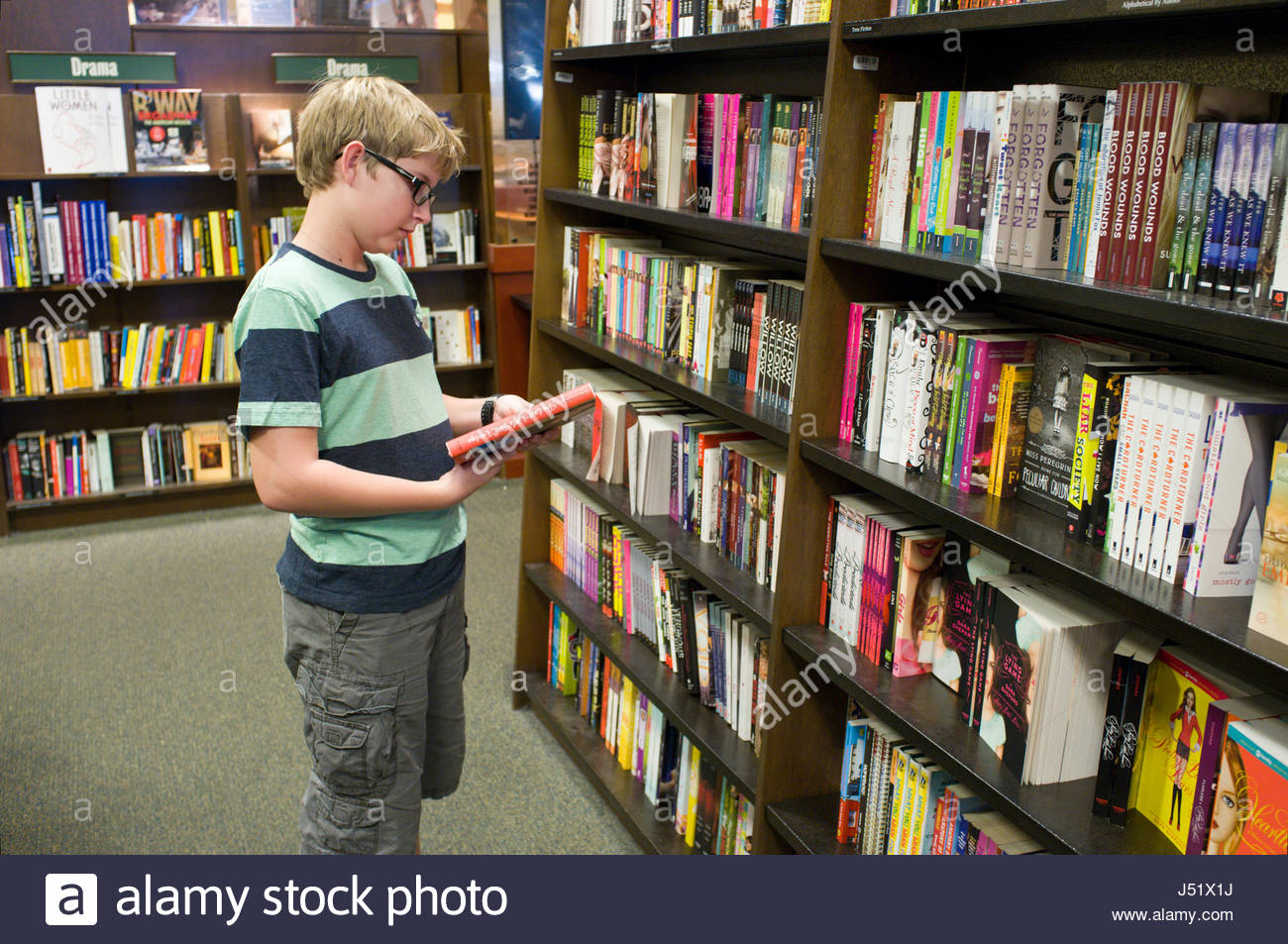 Teenage Caucasian Boy Looking For Books In The Young Adult Reader