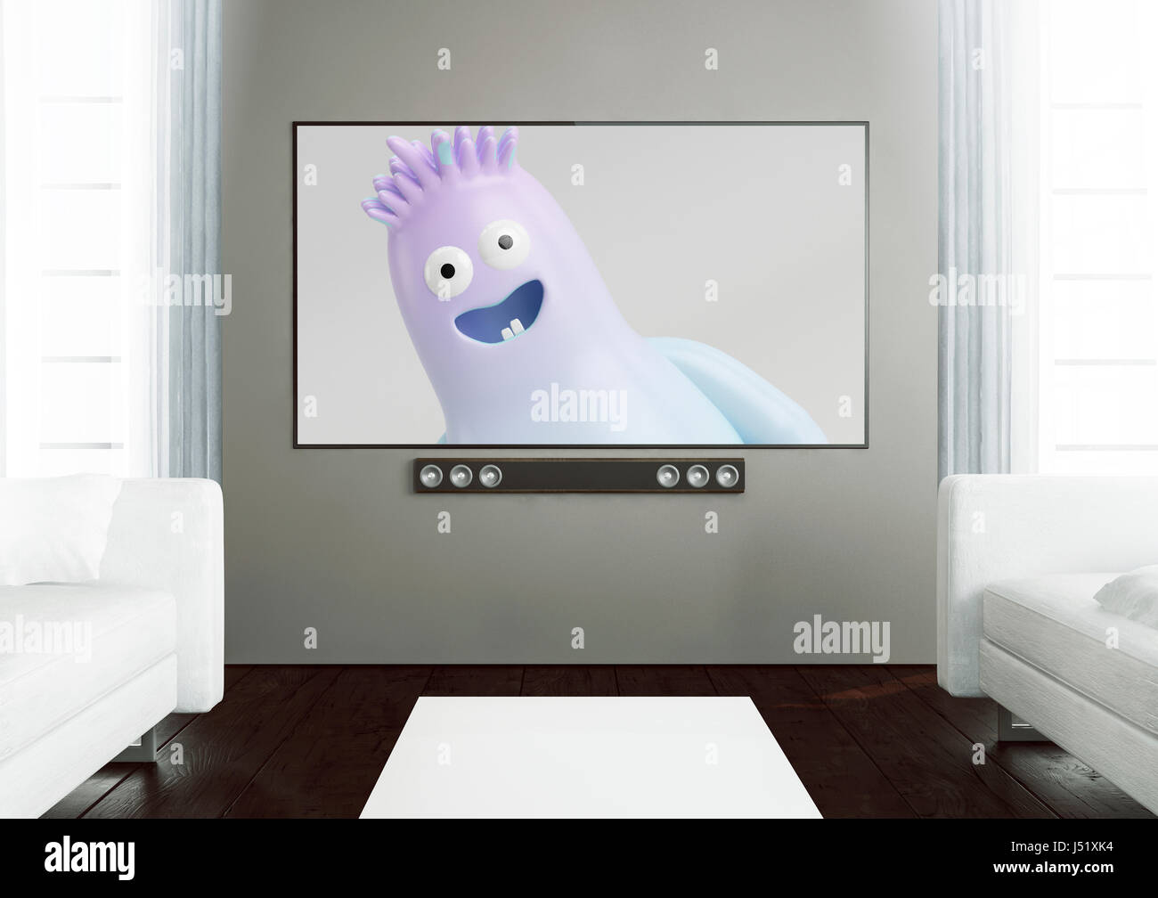 3d rendering of smart tv on a wooden living room showing cartoon movie Stock Photo