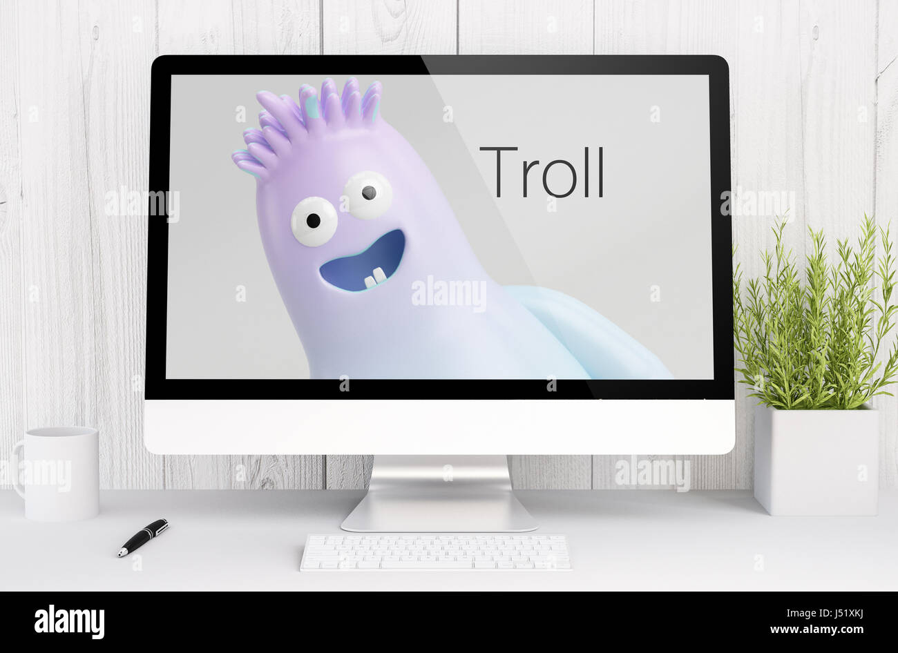 3d rendering showing troll on computer. All screen graphics are made up ...