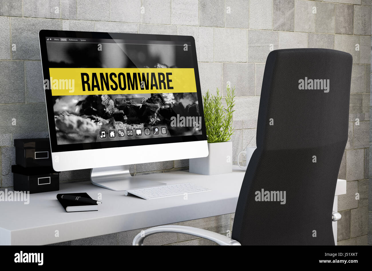 3d rendering of industrial workspace showing ransomware on computer ...