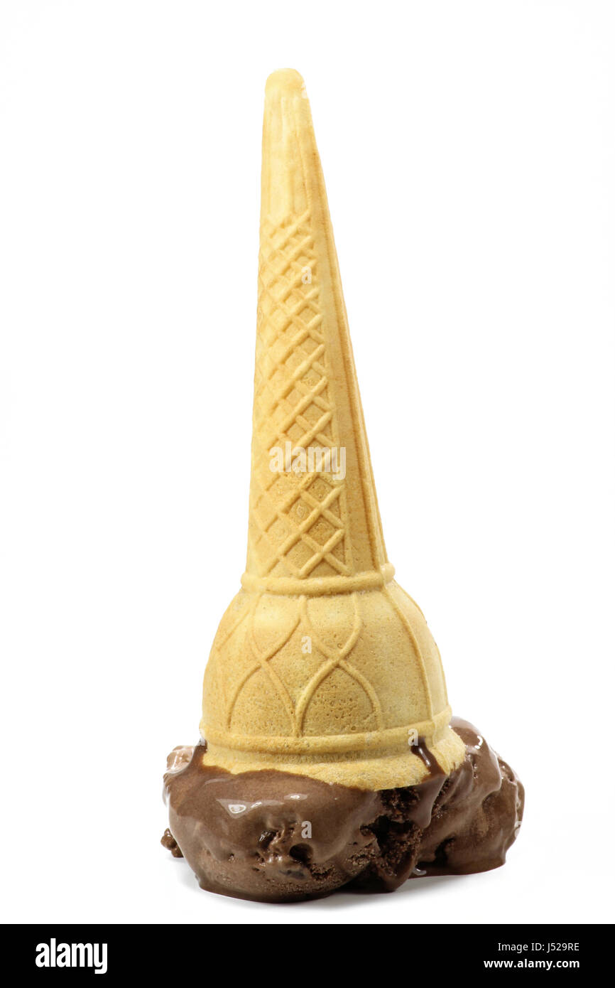 fallen chocolate ice cream in sugar cone on white background Stock Photo