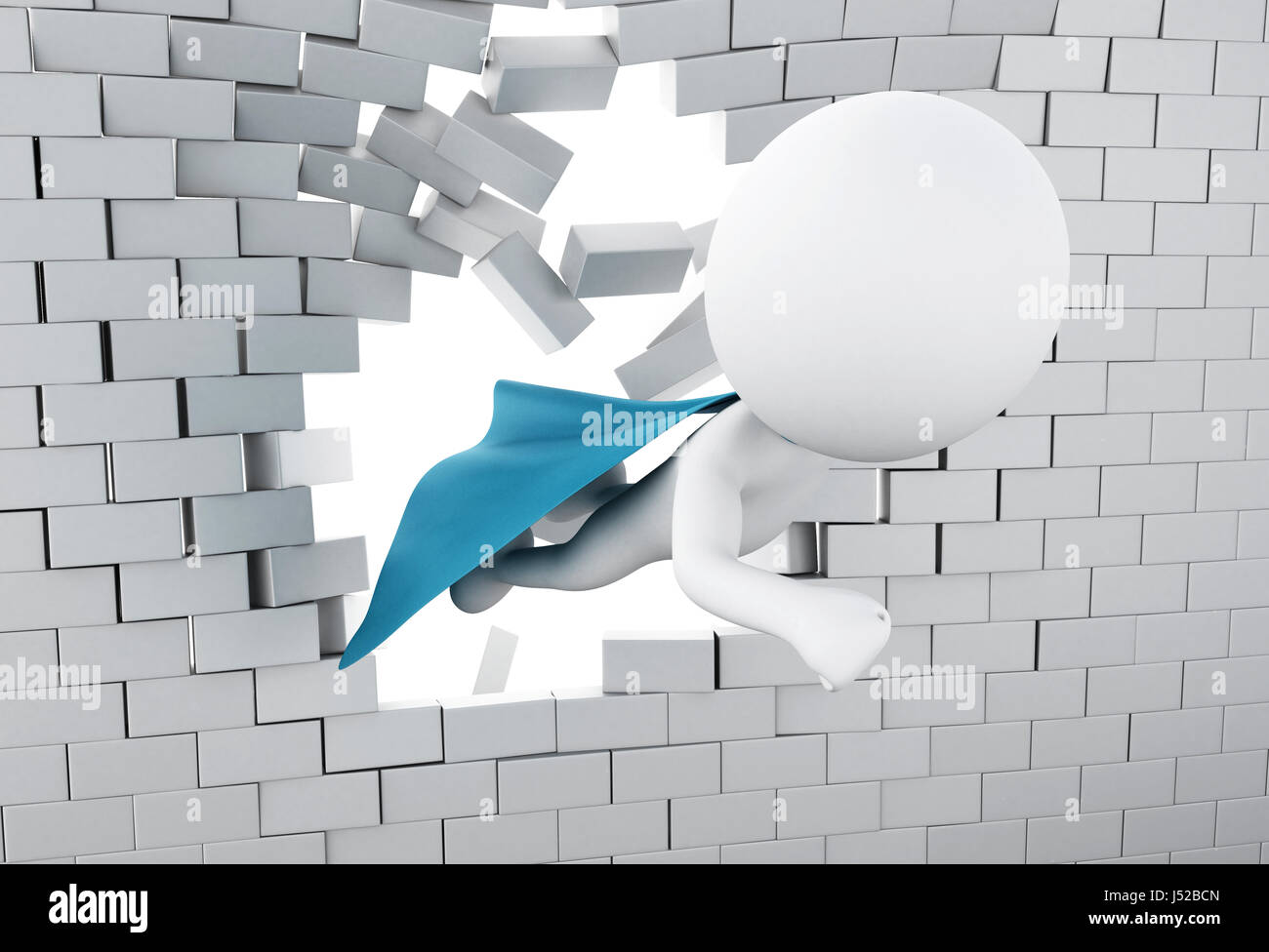 3d illustration. Super hero with blue cape flying through broken brick wall. Stock Photo
