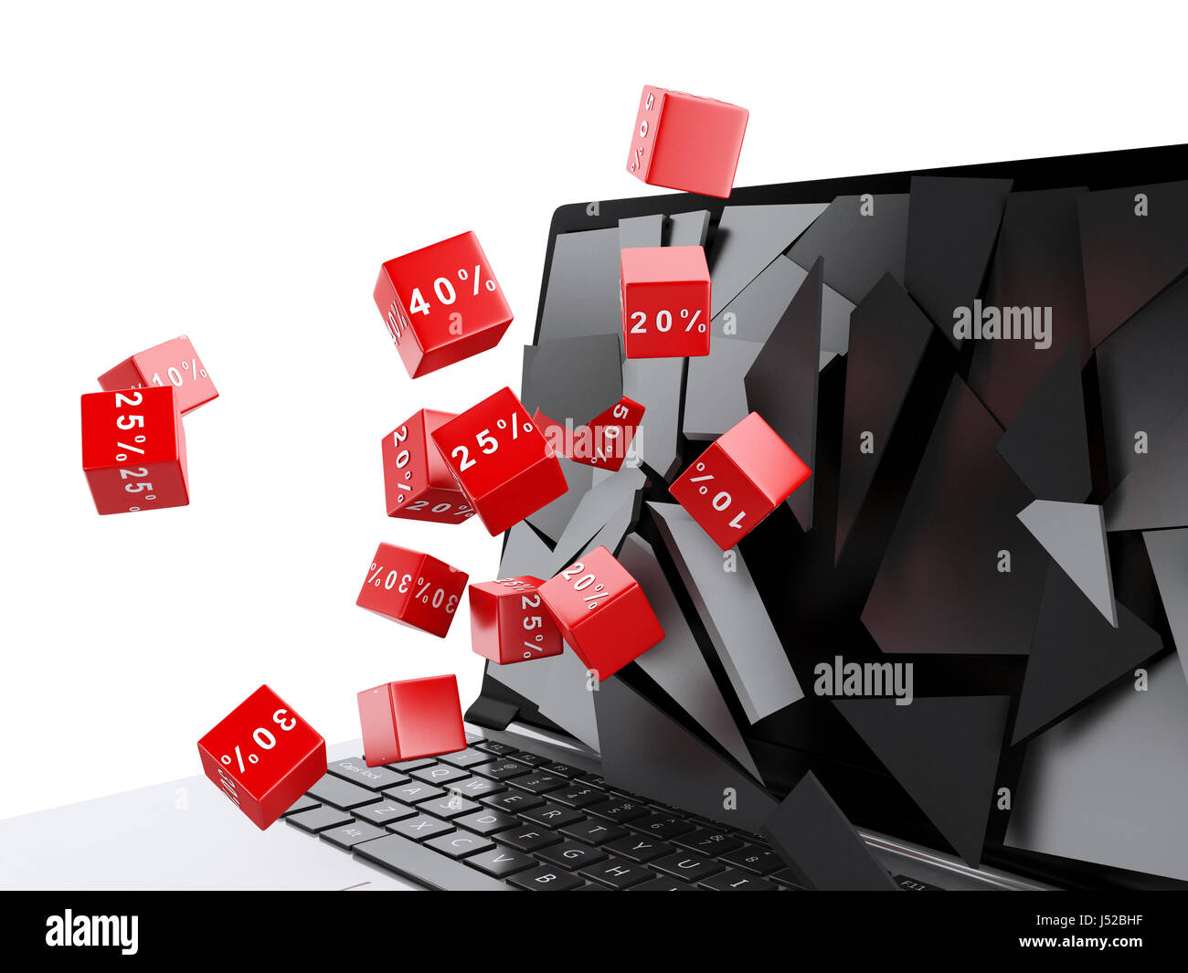 3d renderer illustration. Broken laptop screen with discount icons. Sale concept. Isolated white background Stock Photo