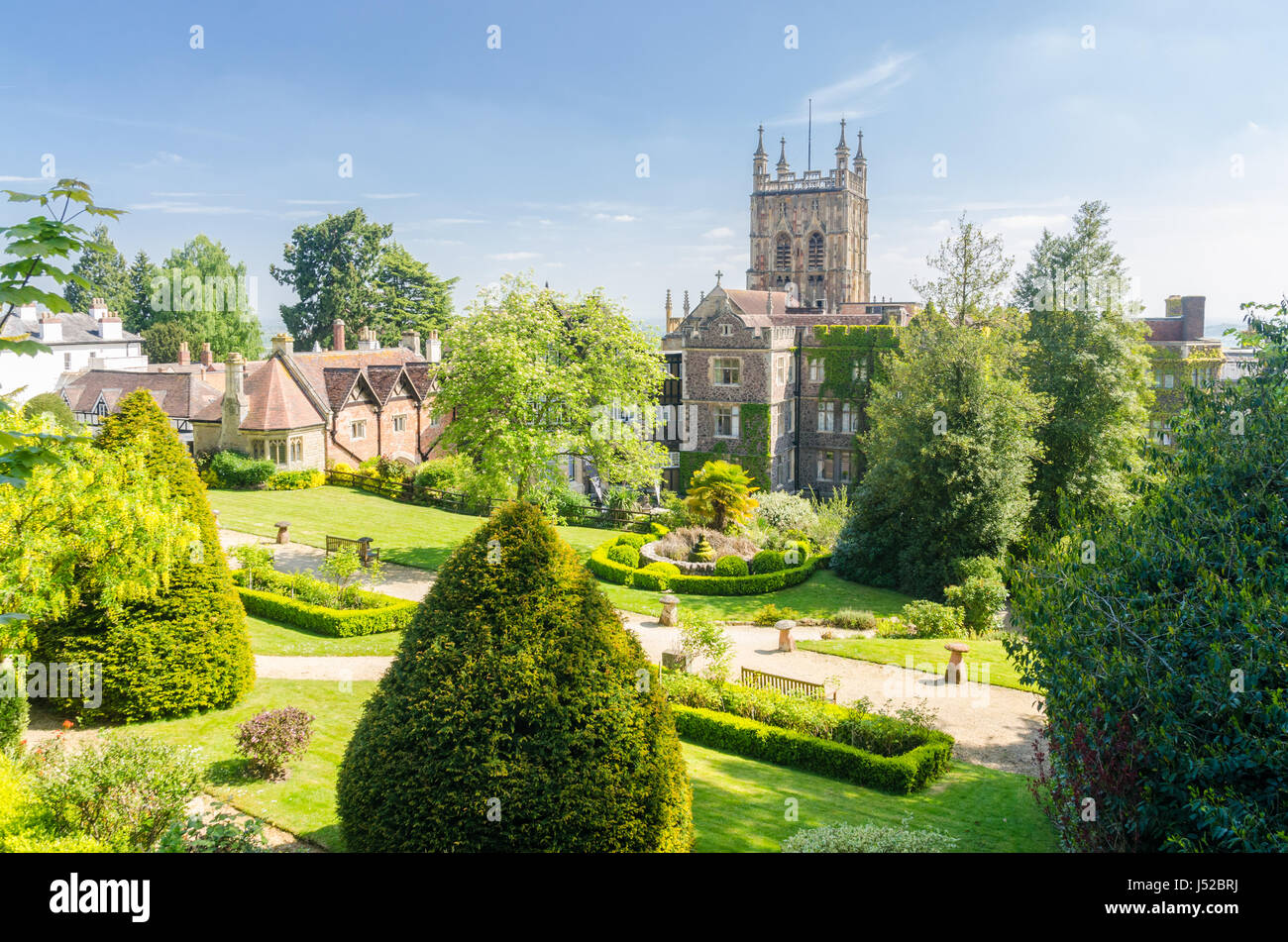 View of Great Malvern Priory and Abbey Gardens in Great Malvern, Worcestershire Stock Photo