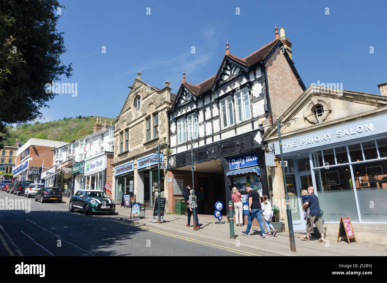 Shops and shoppers in Church Street in Great Malvern, Worcestershire