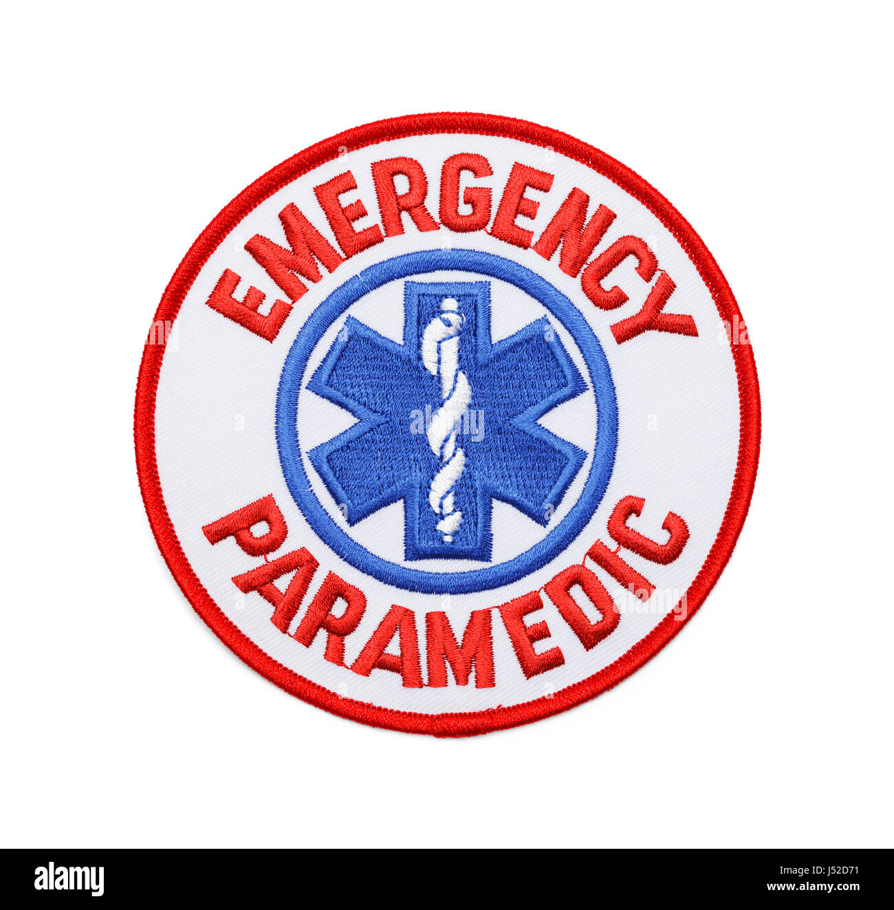 Round Fabric Emergency Paramedic Patch Isolated on White Background. Stock Photo
