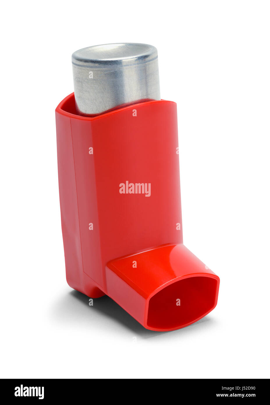 Red Asthma Inhaler with Bottle Isolated on White Background. Stock Photo