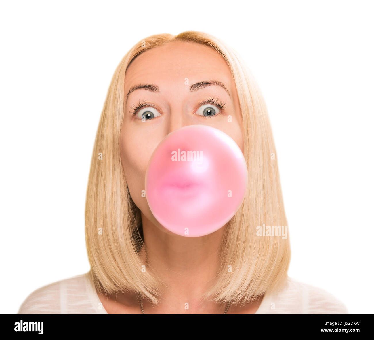 beautiful girl inflates a balloon of bubble gum Stock Photo - Alamy