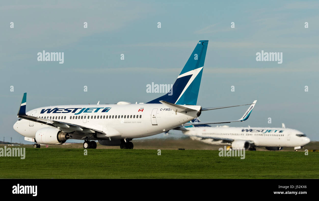 WestJet Airlines planes airplanes Boeing 737 taking off Calgary International Airport Stock Photo