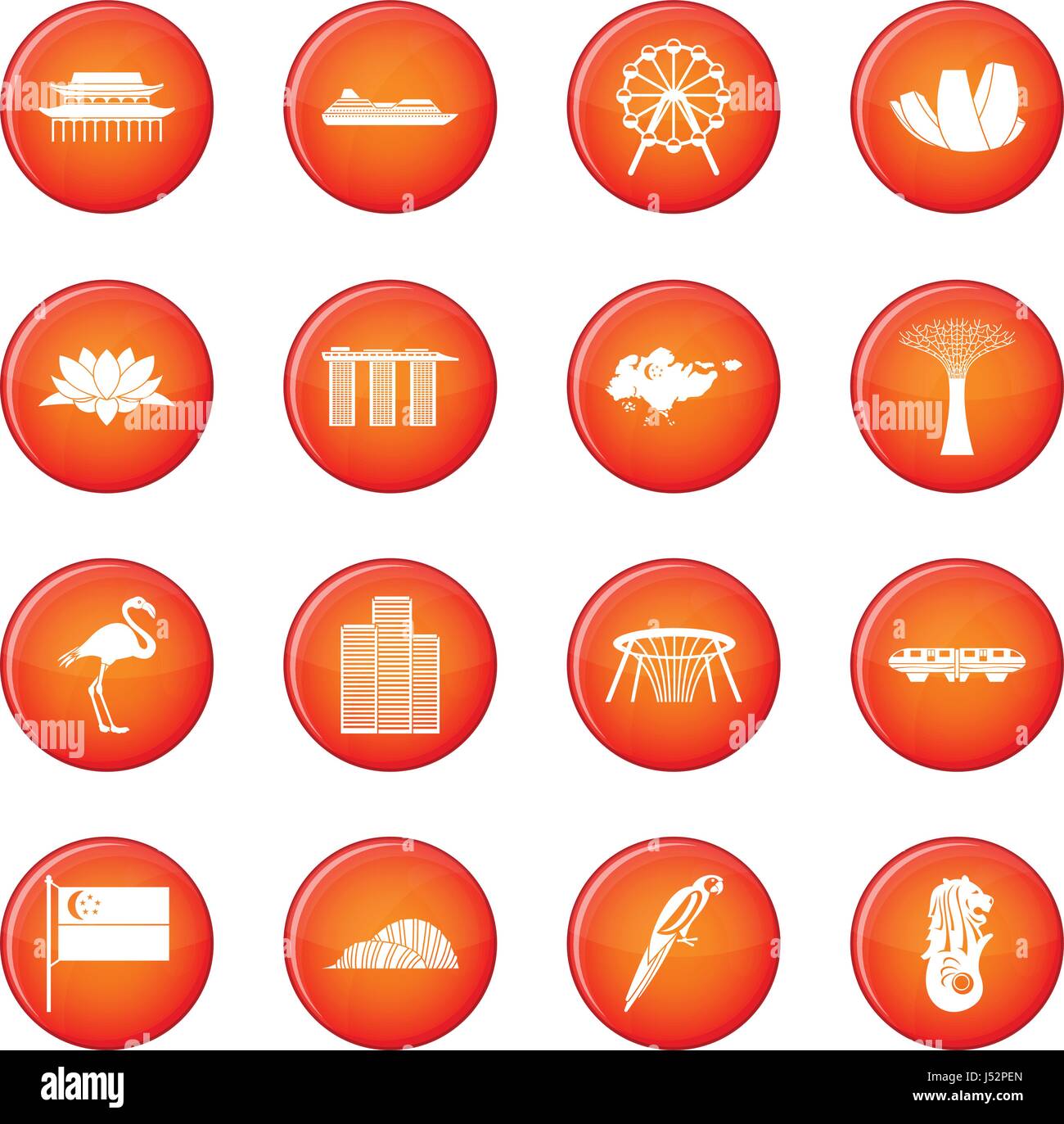Singapore icons vector set of red circles isolated on white background ...