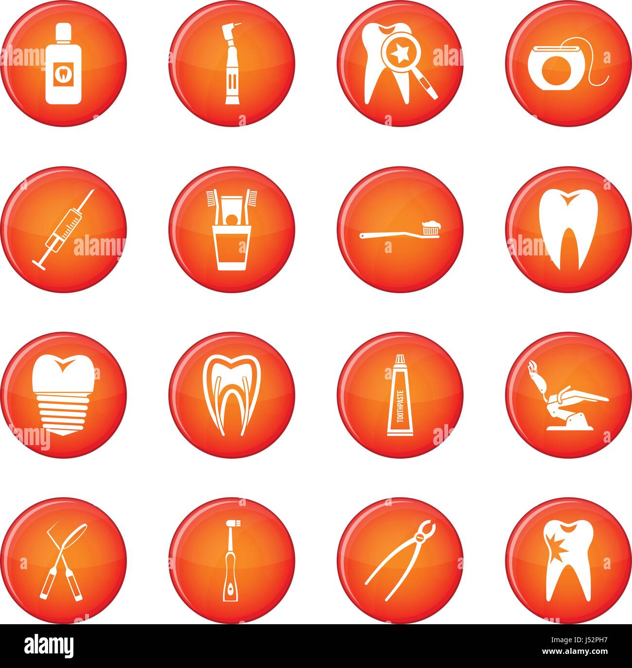 Dental care icons vector set of red circles isolated on white