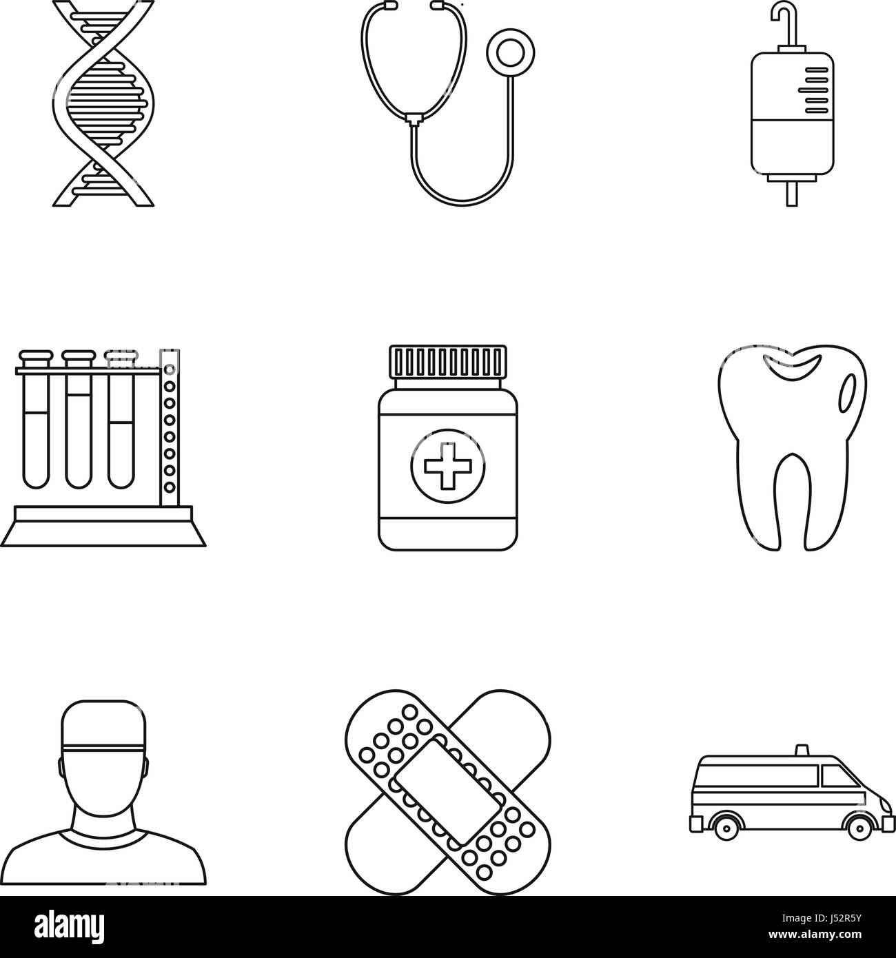 Doctoral icons set, outline style Stock Vector