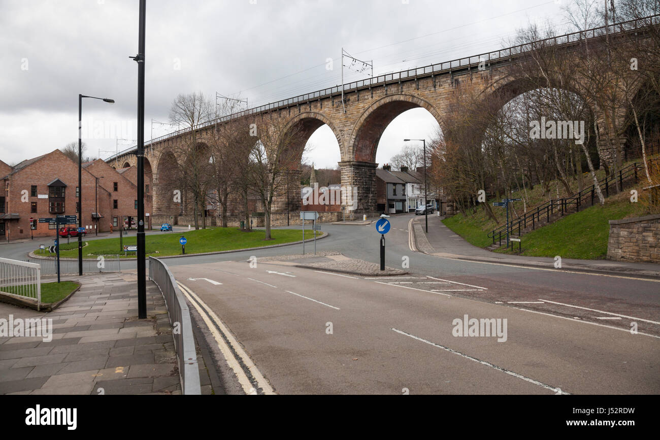 Imposing railway viaduct and roundabout junction in Durham,England,UK Stock Photo