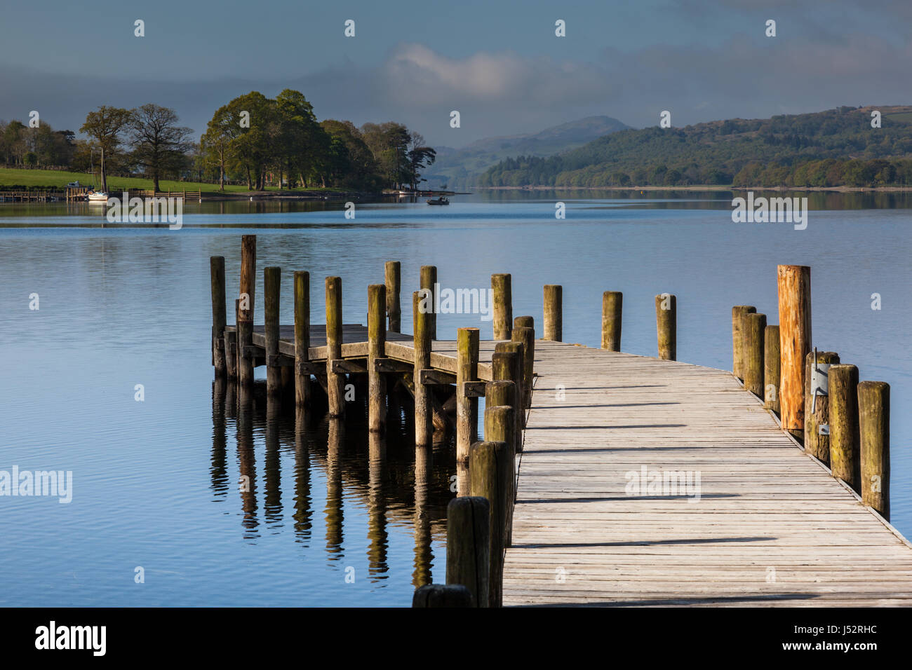 A jetty at the northern tip of Coniston Water, near Monk Coniston, Near Coniston, Lake District, Cumbria Stock Photo