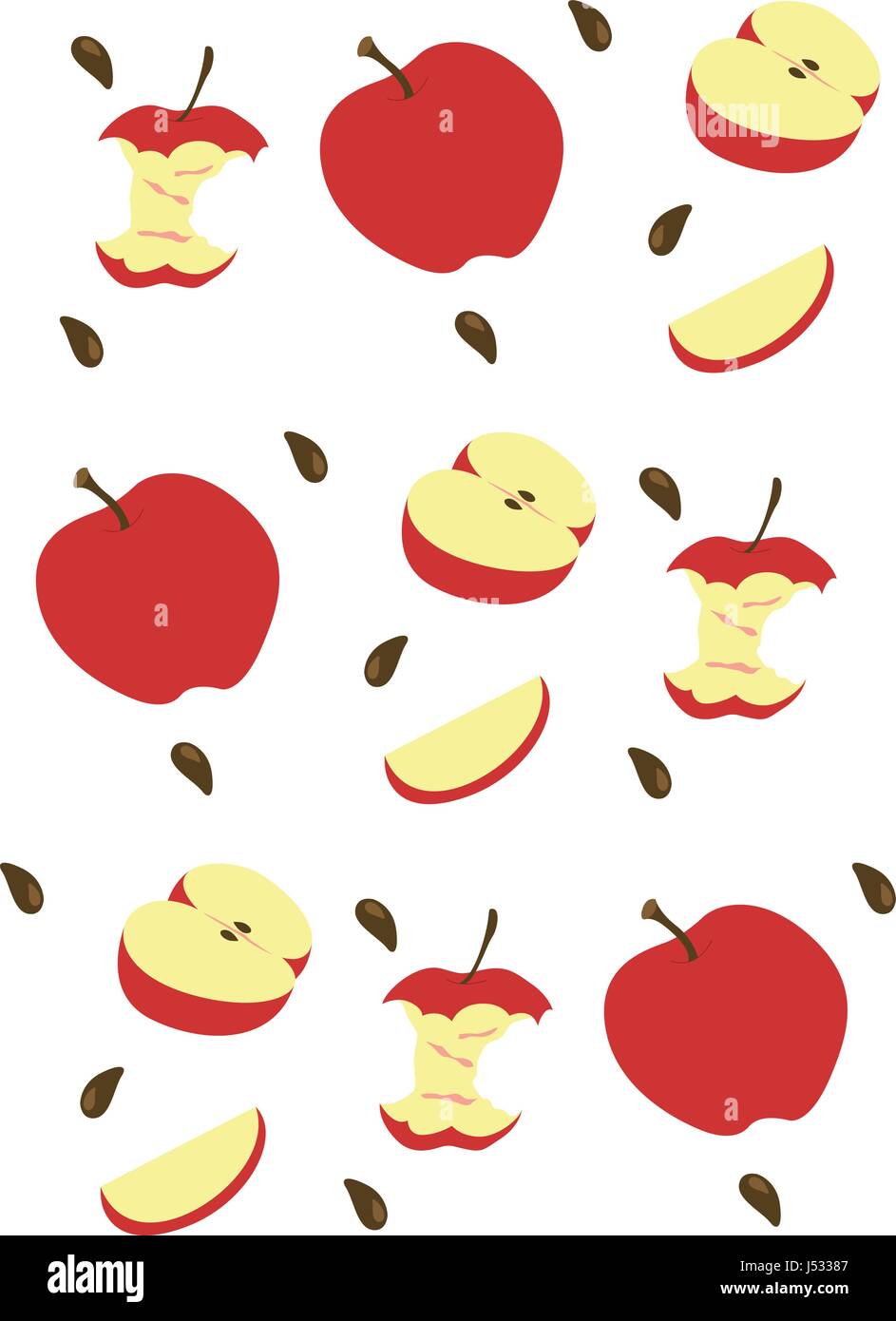 Pattern made with images of whole, cut and almost eaten apples and apple seeds. Stock Vector