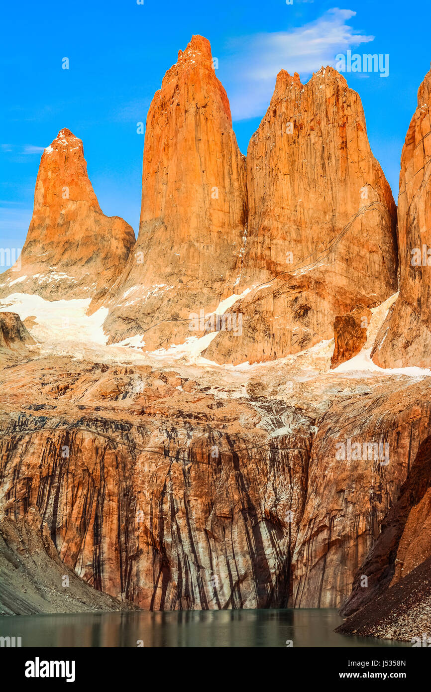 Laguna torres with the towers at sunset, Torres del Paine National Park, Patagonia, Chile Stock Photo