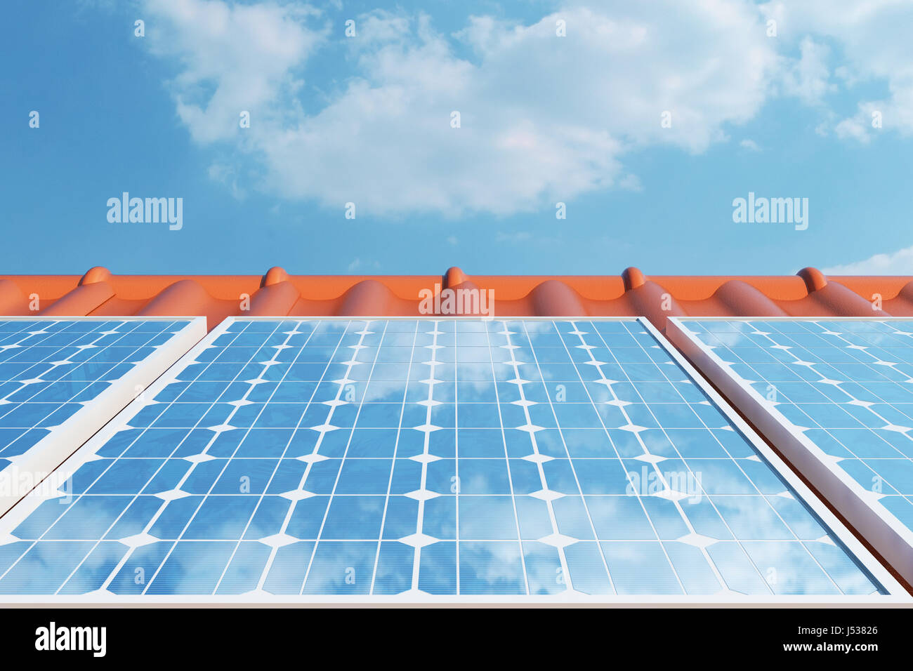 3D illustration solar panels on a red roof reflecting the cloudless ...