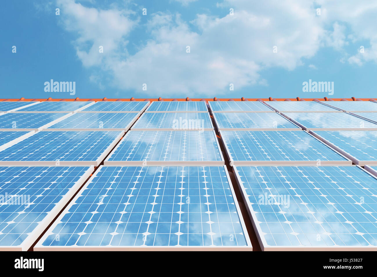 3D illustration solar panels on a red roof reflecting the cloudless ...
