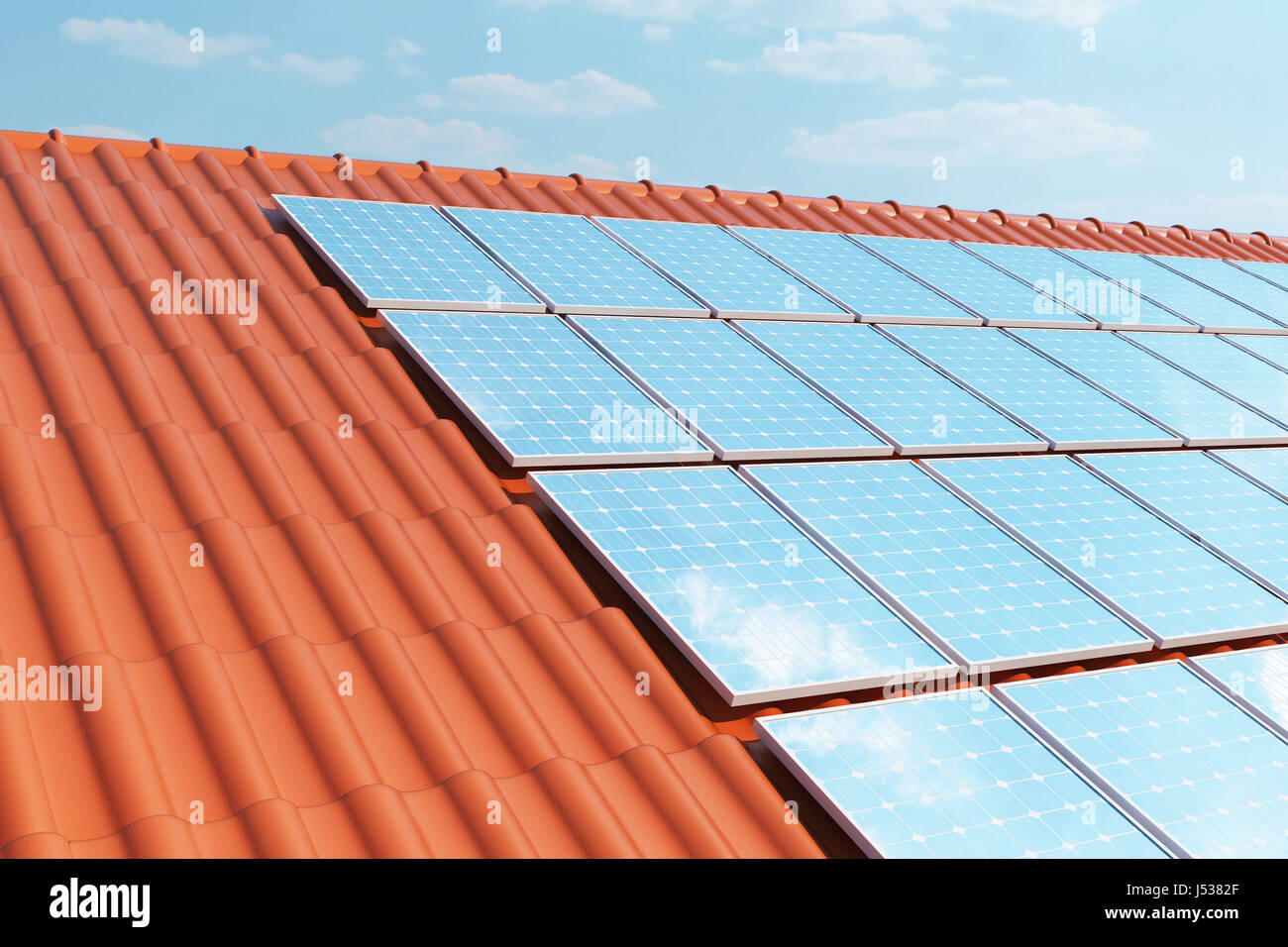 3D illustration solar panels on a red roof reflecting the cloudless ...