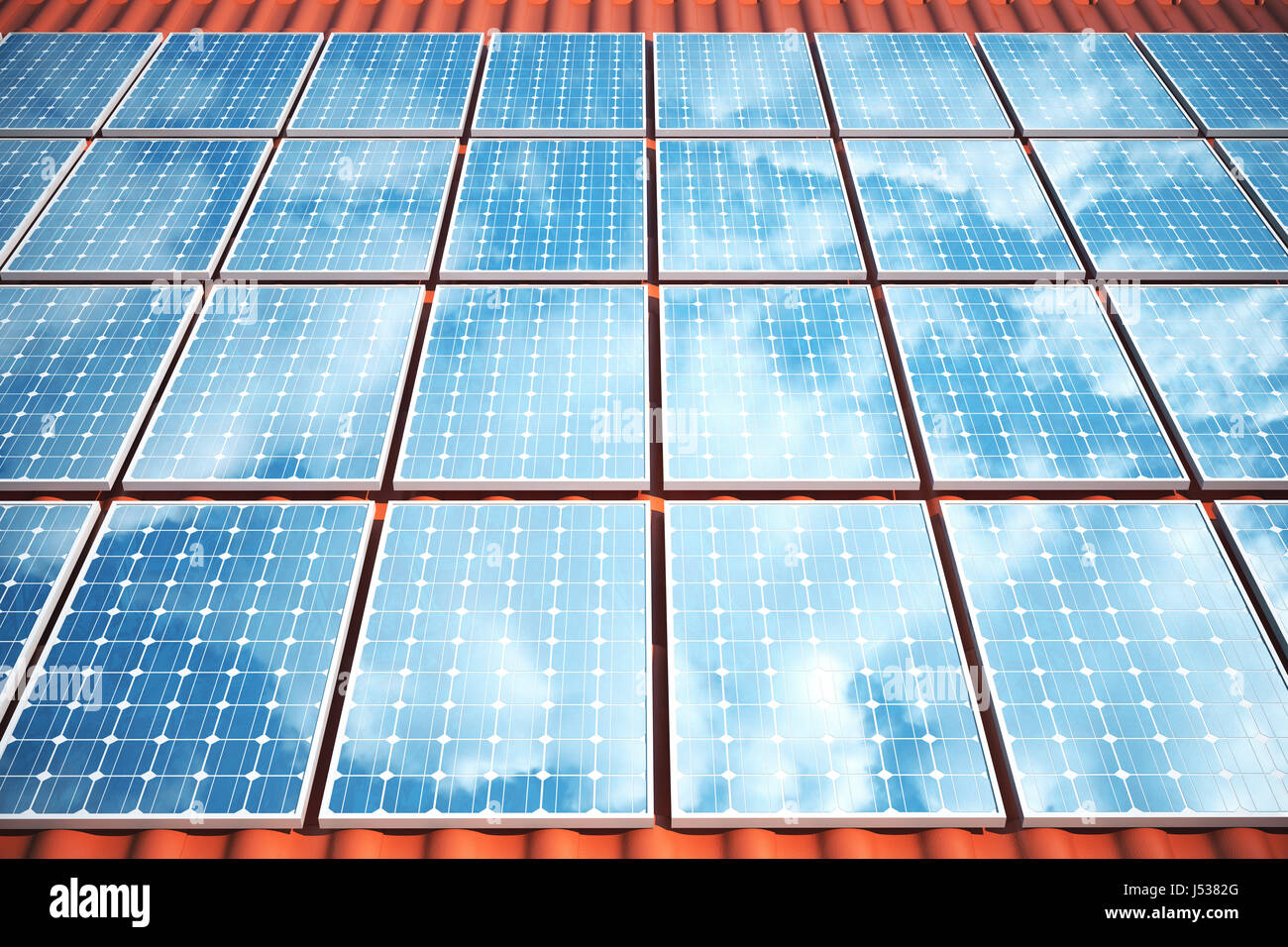 3D illustration solar panels on a red roof reflecting the cloudless ...