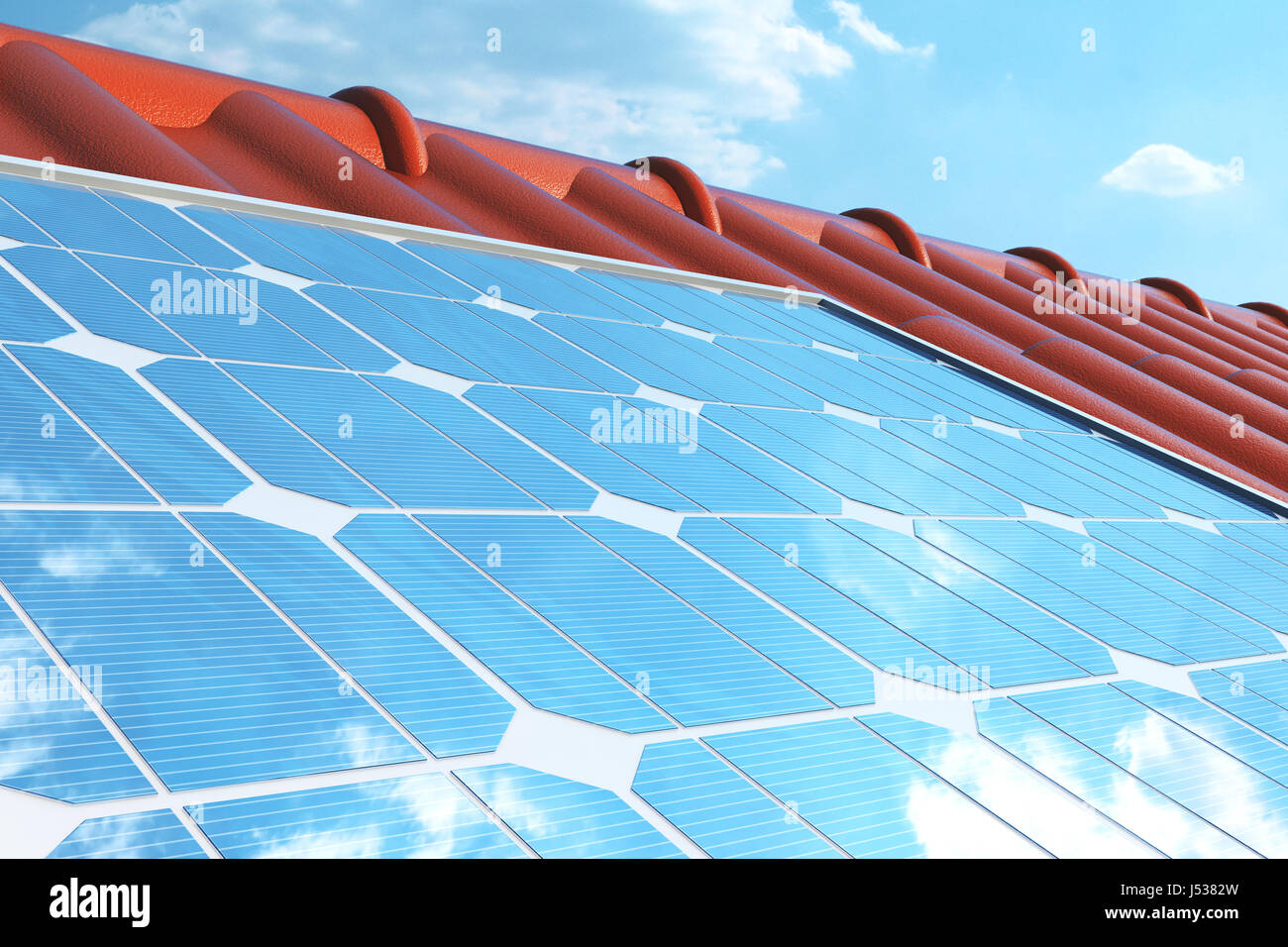 3D illustration solar panels on a red roof reflecting the cloudless ...