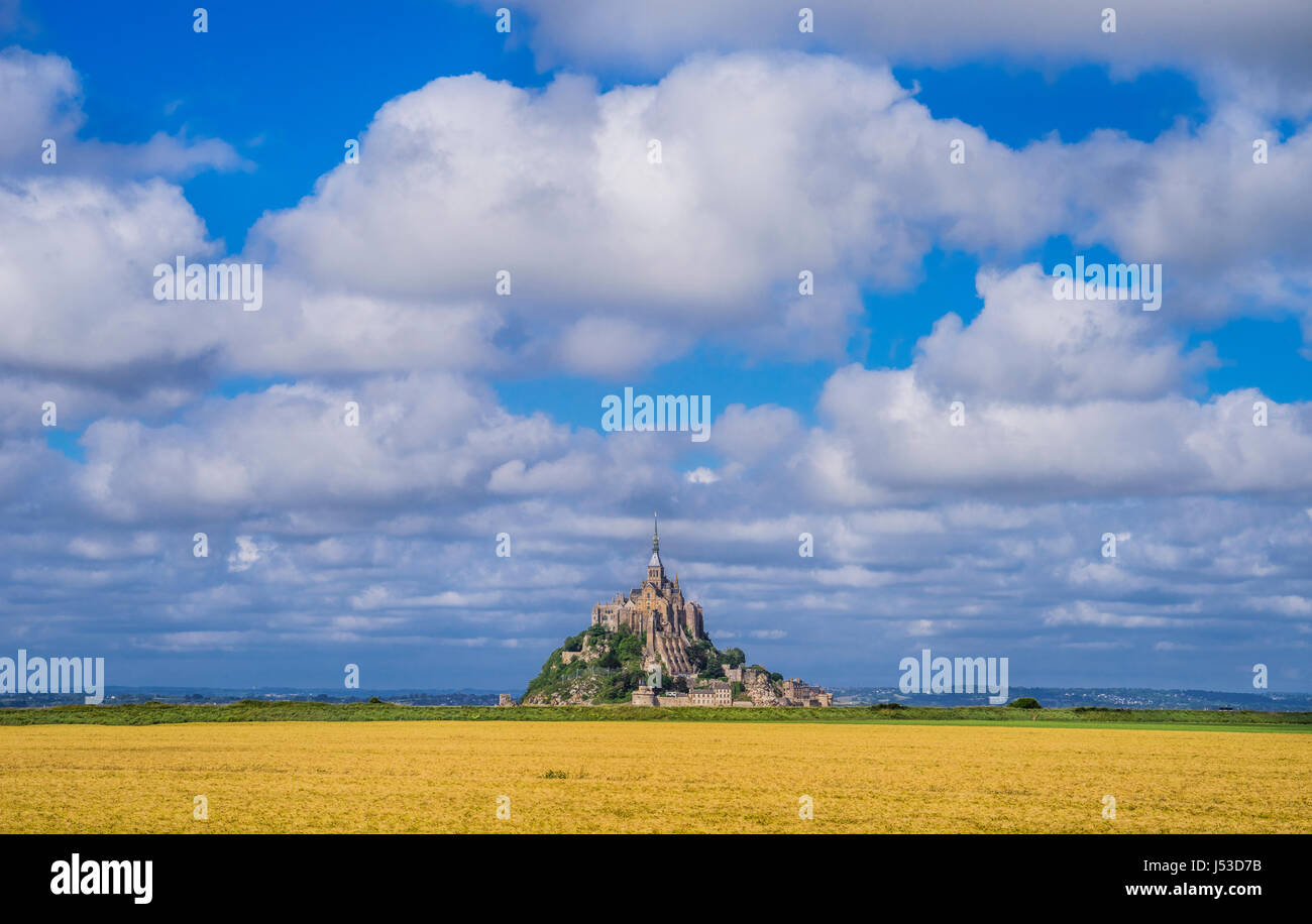 France, Normandy, view of Mont Saint-Michel from the salt marshes in the estuary of Couesnon River Stock Photo