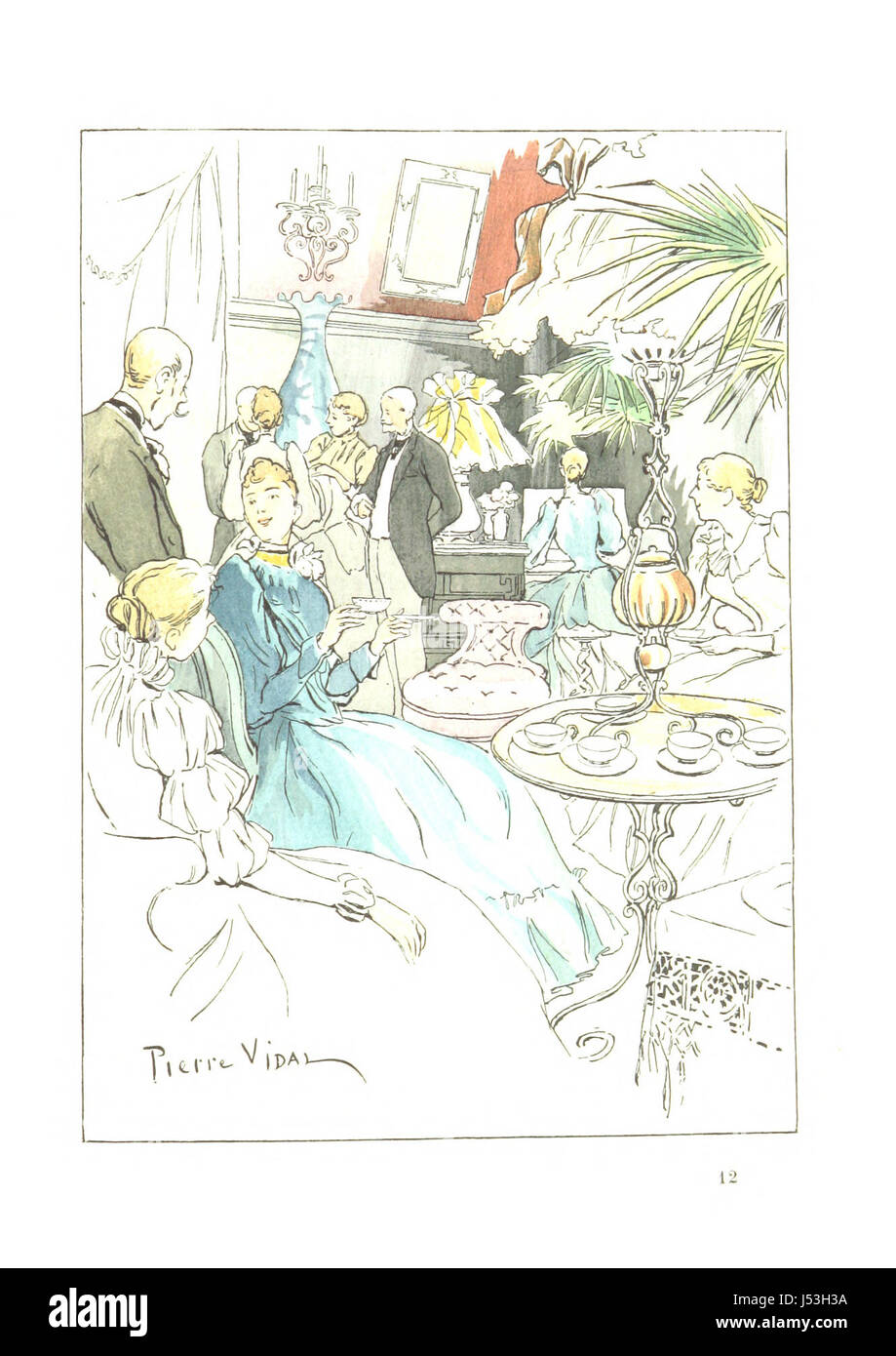 This work, titled 'Tableaux de Paris,' by P. Vidal, presents sketches depicting Parisian life, with a particular focus on the consumption culture of Paris during the 19th century. The illustrations portray daily life, shopping, and urban activities. Stock Photo