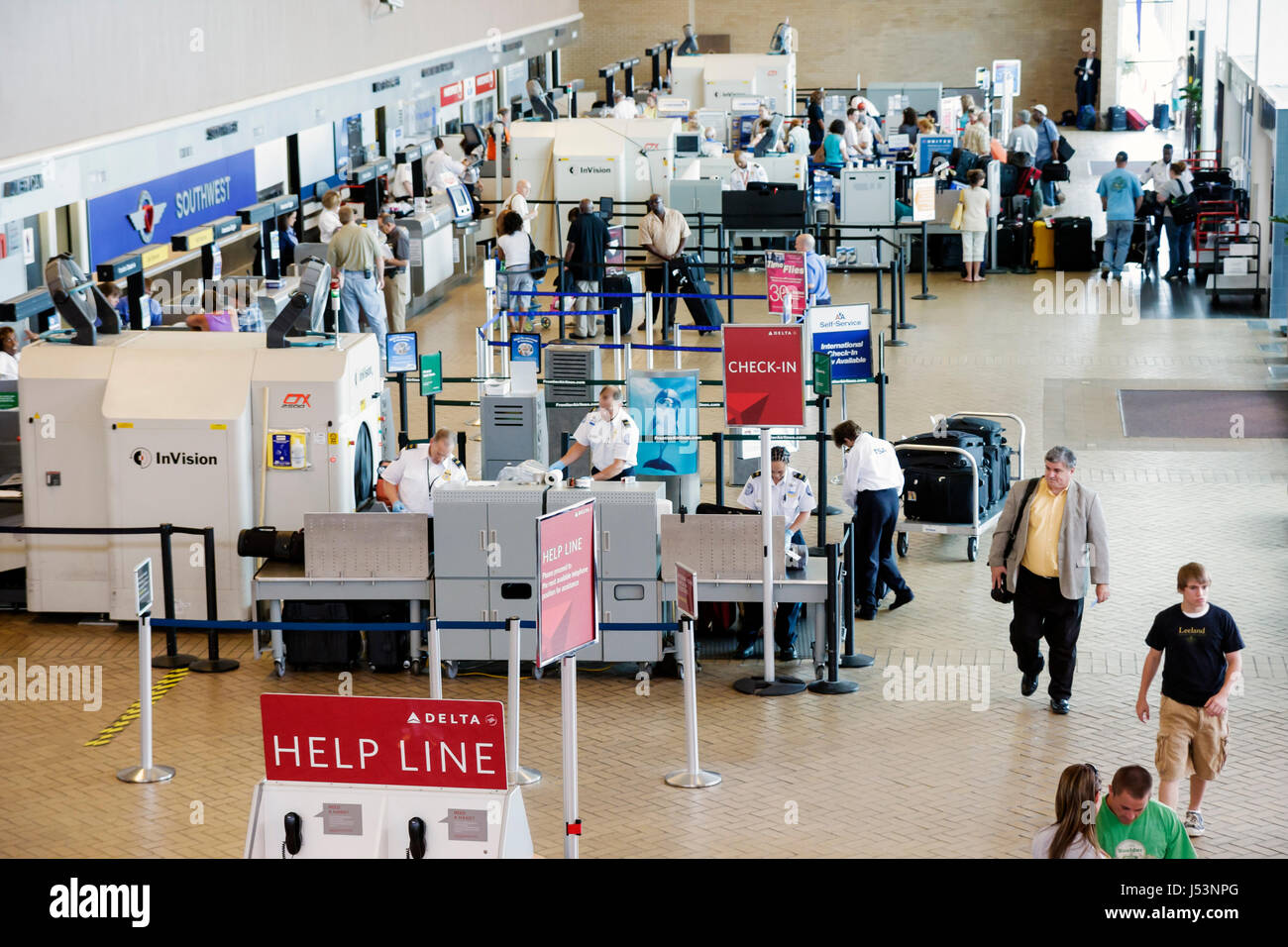 Little Rock Arkansas,Little Rock National Airport,baggage screening,x ray equipment,TSA,Transportation Security Administration,safety,inspectors,airli Stock Photo