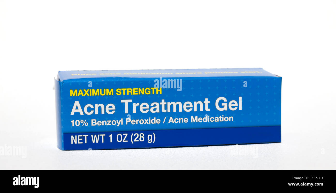 Acne Treatment Gel containing benzoyl peroxide. Stock Photo