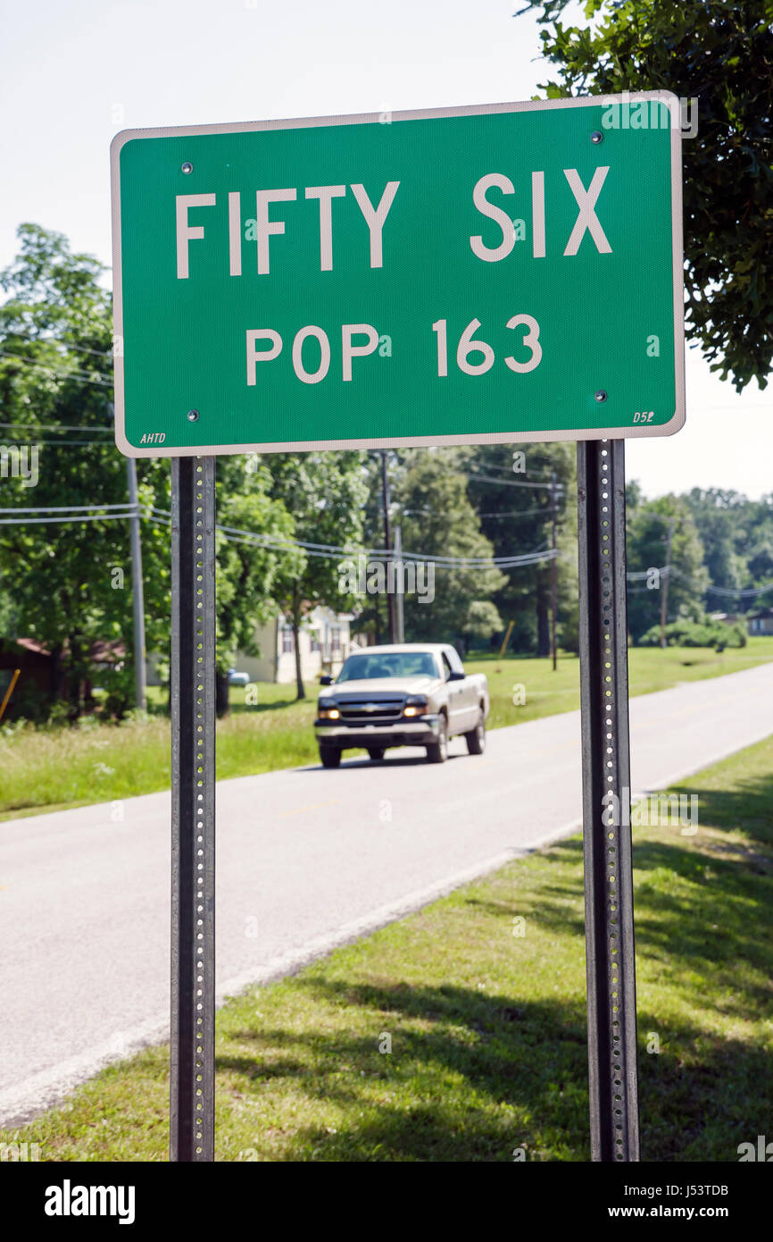 Arkansas Ozark Mountains,Fifty Six,small town,city limit,road sign,population,green,pickup truck,lorry,funny,humor,humorous,humour,humorous,visitors t Stock Photo