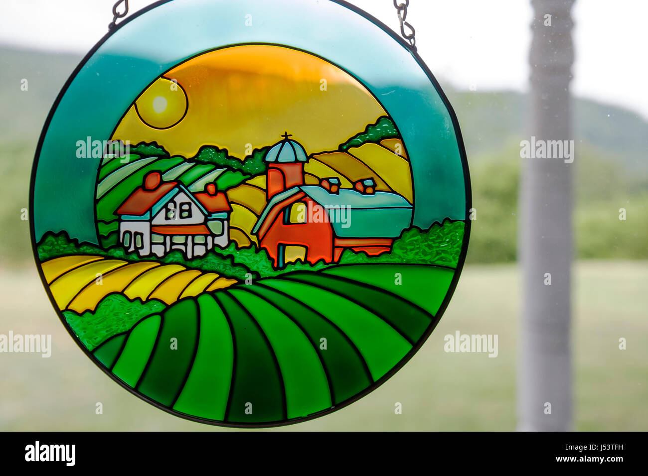 Arkansas Ozark Mountains,Stone County,Mountain View,Country Oaks Bed & Breakfast,stained glass,window panel,farm house & barn,colored glass,AR08060400 Stock Photo