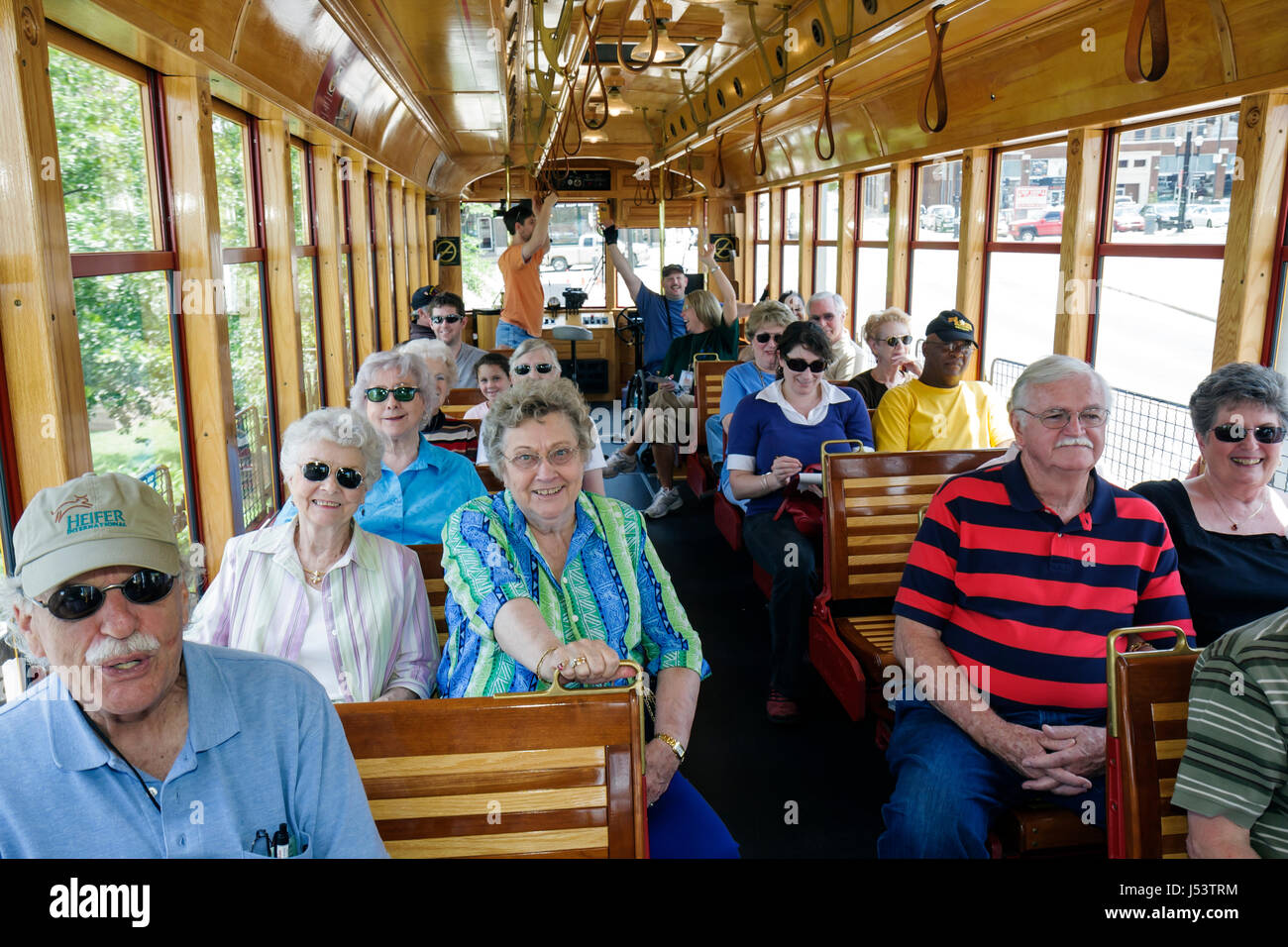 Little Rock Arkansas,River Rail Electric Streetcar,man men male,woman female women,active,senior seniors citizen citizens,tour,heritage trolley,replic Stock Photo