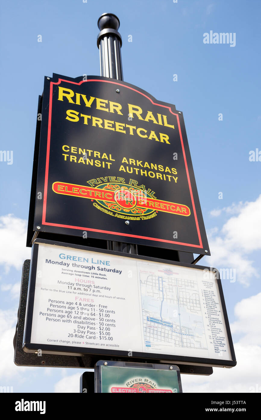 Little Rock Arkansas,World Street,River Rail Electric Streetcar,sign,schedule,map,heritage streetcar,trolley,replica,light rail system,downtown inform Stock Photo