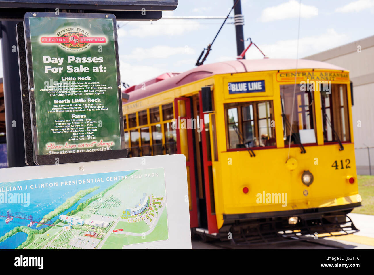 Little Rock Arkansas,World Street,River Rail Electric Streetcar,sign,schedule,map,information,heritage,trolley,replica,light rail system,downtown red, Stock Photo